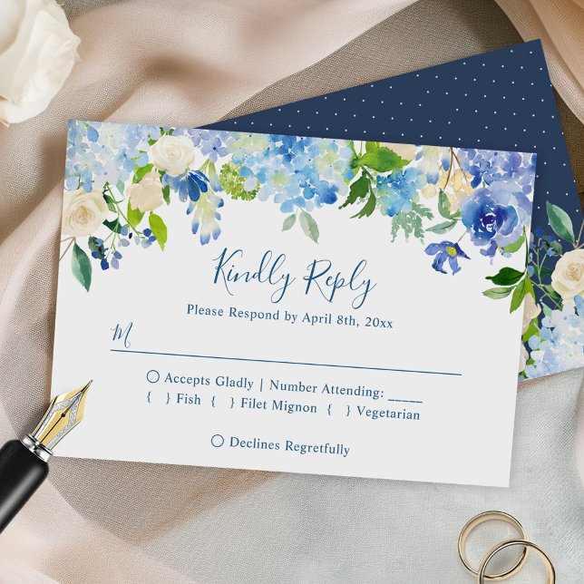 Cartão RSVP Casamento Floral de Hydrangeas Azul Elegante (Criador carregado)