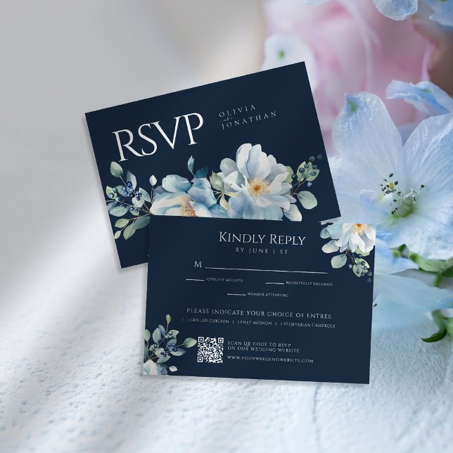 Cartão RSVP Casamento Floral de Inverno Azul de Aquarela (Criador carregado)