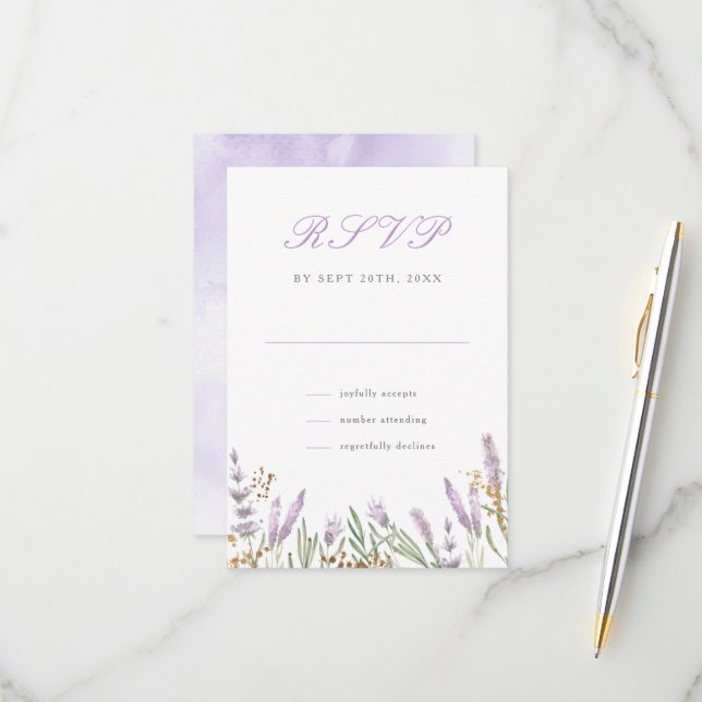 Cartão RSVP Casamento Floral de Lavanda Dourada e Aquarela Mod (Frente/Verso In Situ)