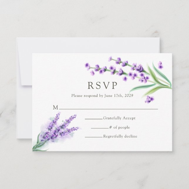 Cartão RSVP Casamento Floral de Lavanda Roxo Elegante (Frente)