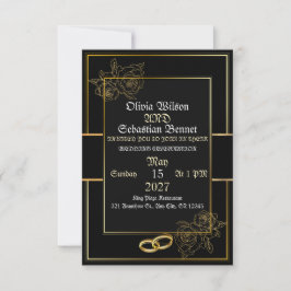 Cartão RSVP Casamento Floral de Luxo Preto e Dourado Elegante