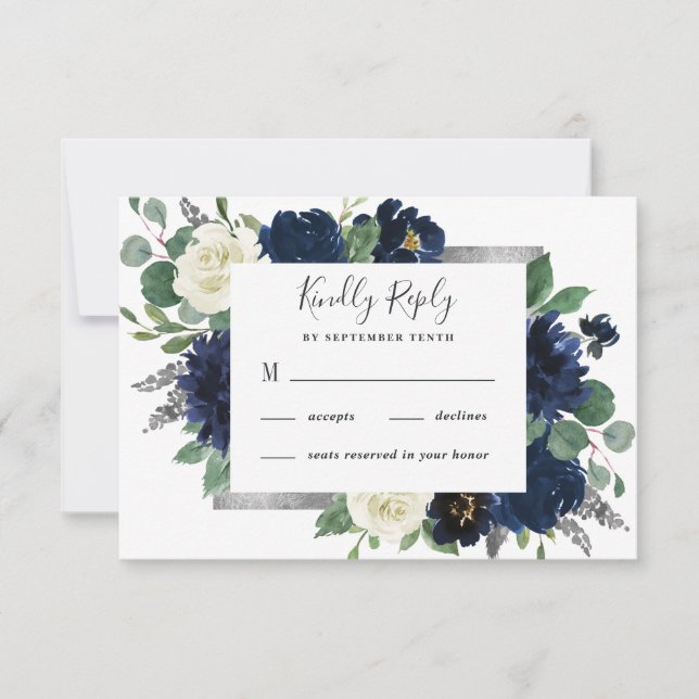 Cartão RSVP Casamento Floral de Marfim Elegante e marinho Azul (Frente)
