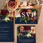 Cartão RSVP Casamento Floral de Marinho Azul de inverno com Mo<br><div class="desc">Coleção de Casamento Floral Moody Burgundy, uma fusão cativante de matizes profundos e ricos. Com opções em marinho azul, esmeralda e variações góticas em preto, esta coleção é uma combinação perfeita para qualquer tema de casamento em tom de joia. De convites encantadores a papelaria coordenada, nossos designs capturam a essência...</div>