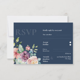 Cartão RSVP Casamento Floral de marinho Azul Elegância Waterco