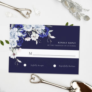 Cartão RSVP Casamento Floral de Marinho Azul Elegante