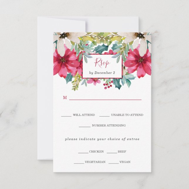 Cartão RSVP Casamento Floral de Natal | Escolha das refeições (Frente)