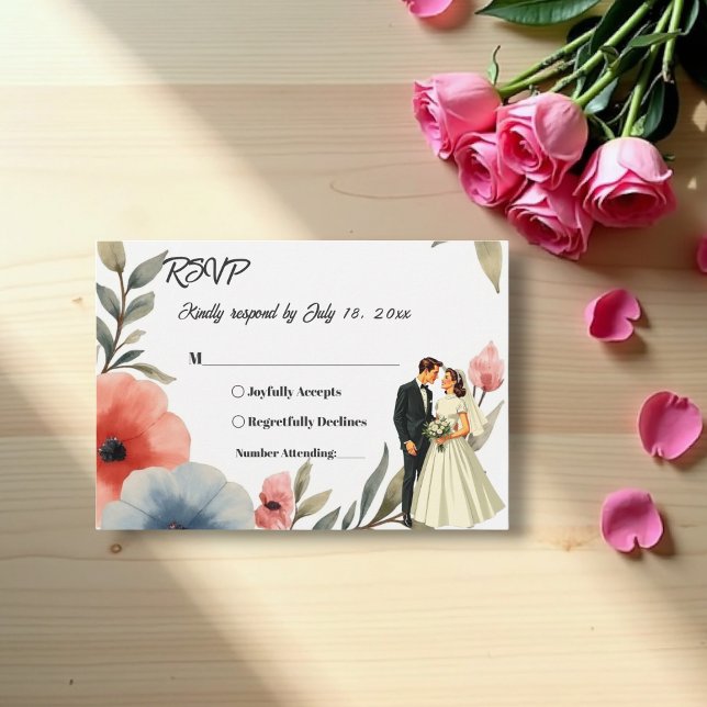 Cartão RSVP Casamento Floral De Noiva Elegante E Groom Waterco (Criador carregado)