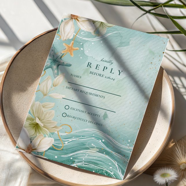 Cartão RSVP Casamento Floral de Onda Costeira Moderna (Criador carregado)
