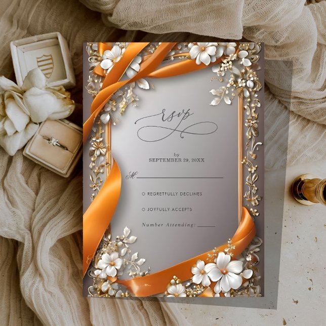 Cartão RSVP Casamento floral de Ornamentado de Bótulos Laranja (Criador carregado)