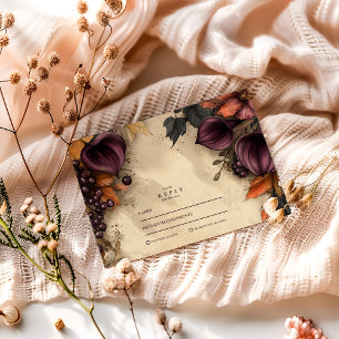 Cartão RSVP Casamento Floral de Outono de Chão Escuro