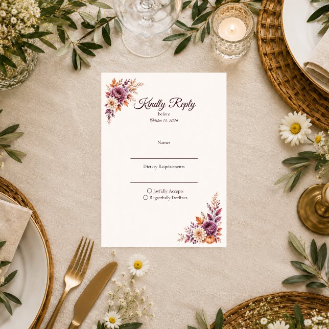 Cartão RSVP Casamento Floral de Outono Rústico (Criador carregado)
