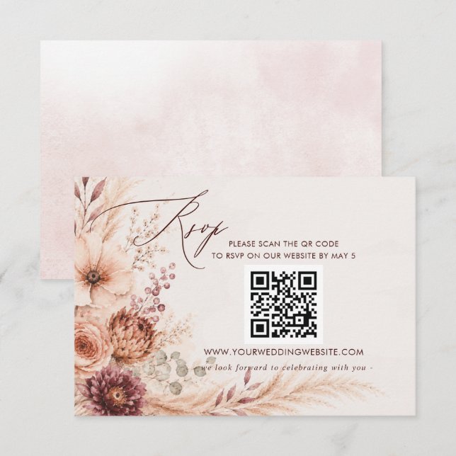 Cartão RSVP Casamento Floral de Outono Rústico Pampas QR CODE (Frente/Verso)