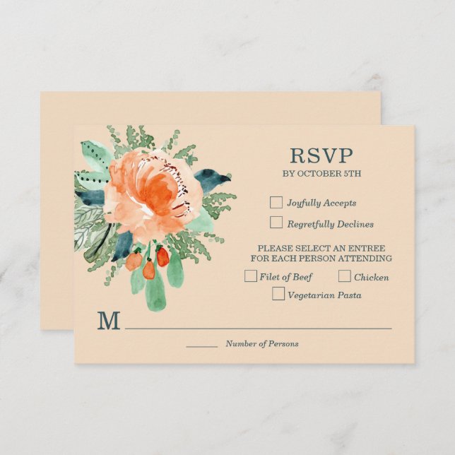 Cartão RSVP Casamento Floral de Peach Jade Teal (Frente/Verso)