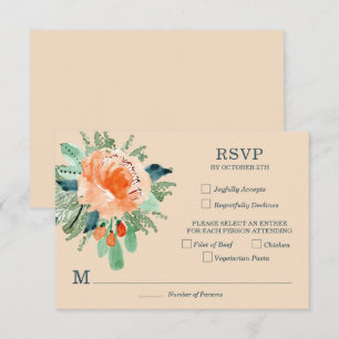 Cartão RSVP Casamento Floral de Peach Jade Teal