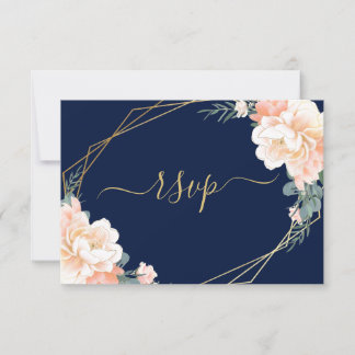 Cartão RSVP Casamento Floral de Pêssego Azul-Blush Azul-Marinh