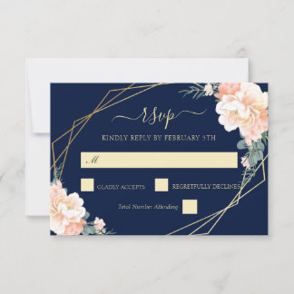 Cartão RSVP Casamento Floral de Pêssego Azul-Dourado Azul-Blus