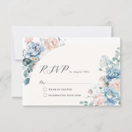 Cartão RSVP Casamento Floral de Pêssego Azul Geométrico