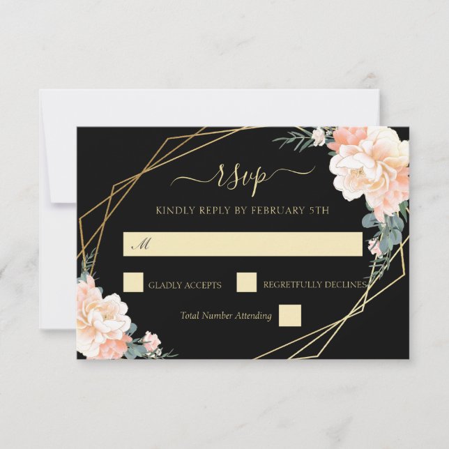 Cartão RSVP Casamento Floral de Pêssego Dourado Chic Black Ele (Frente)