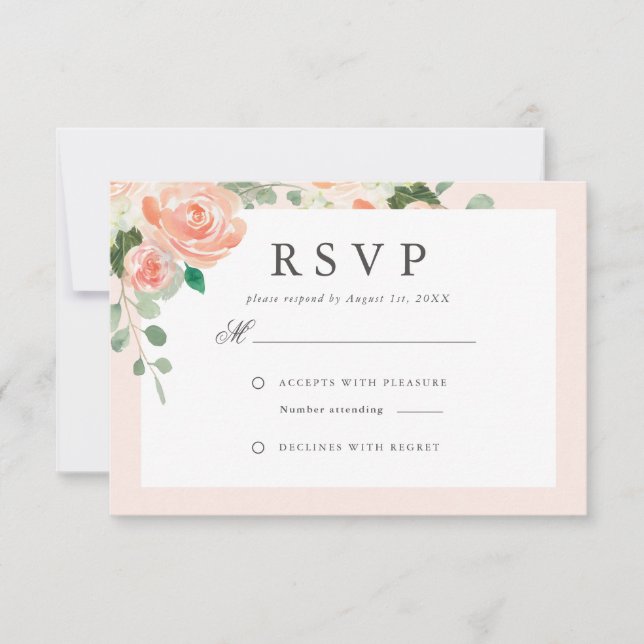 Cartão RSVP Casamento Floral de Pêssego e Blush com Aquarela (Frente)