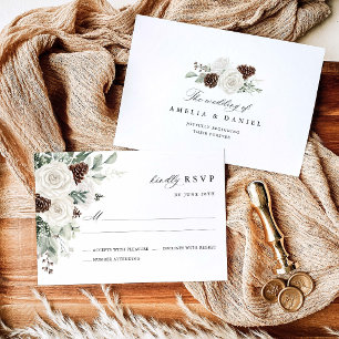Cartão RSVP Casamento Floral de Pinheiro no Inverno em Verde S