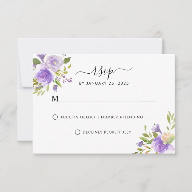 Cartão RSVP Casamento Floral de Púrpura Roxo Elegante (Frente)