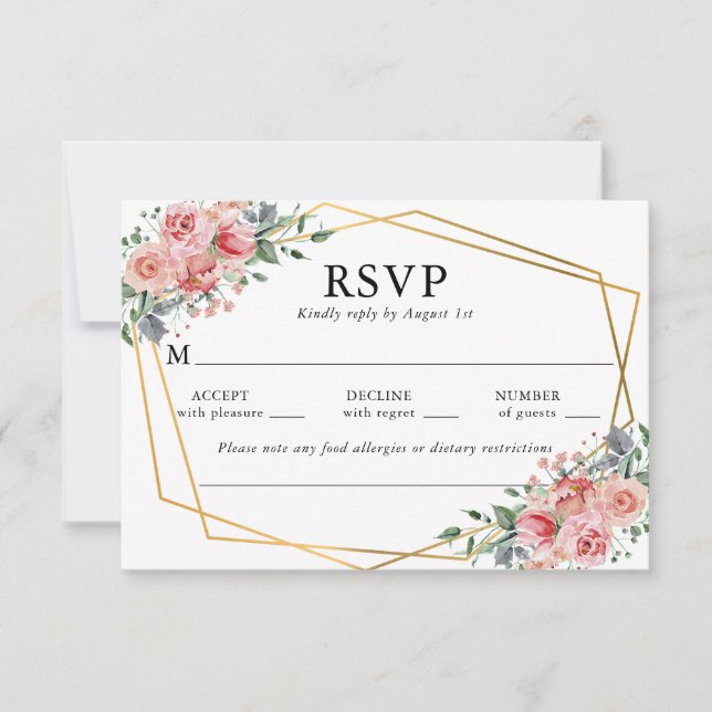 Cartão RSVP Casamento Floral de Rosa com Dusta Rosa de Waterco (Frente)