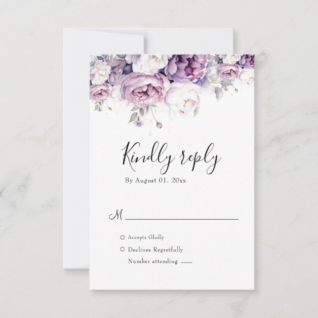 Cartão RSVP Casamento Floral de Rosa de Água Púrpura Elegante (Frente)
