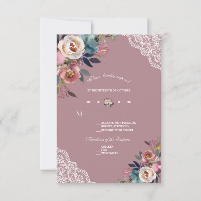 Cartão RSVP Casamento Floral de Rosa de Poeira Azul Encharcado (Frente)