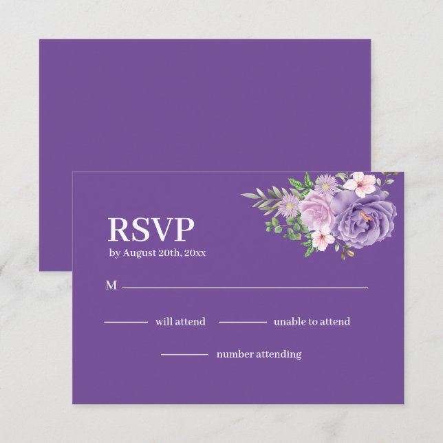 Cartão RSVP Casamento Floral de Rosa Dusty Blooms Roxo (Frente/Verso)