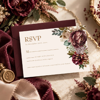 Cartão RSVP Casamento Floral de Rosa Escura Borgonha e Marfim