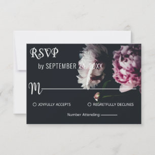 Cartão RSVP Casamento floral de rosa romântico negro elegante 