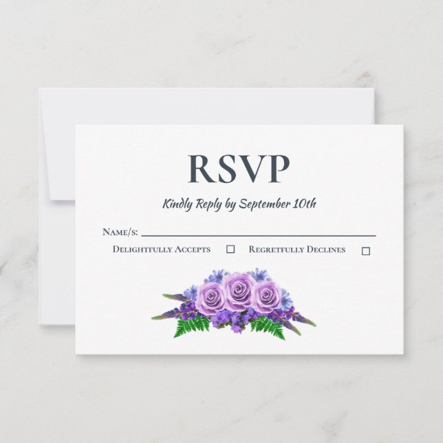 Cartão RSVP Casamento Floral de Rosa Roxo Rústico (Frente)
