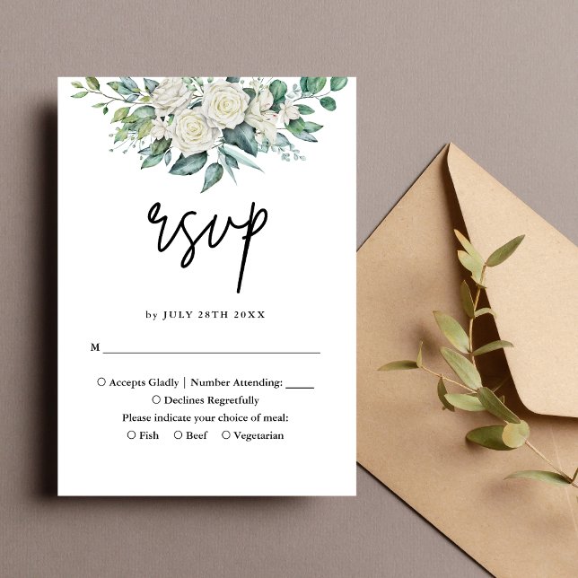 Cartão RSVP Casamento Floral de Rosa Verde Branco Elegante (Criador carregado)