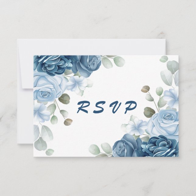 Cartão RSVP Casamento Floral de Rosas Azuis Elegante (Frente)