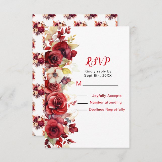 Cartão RSVP Casamento Floral de Rosas vermelhas Românticas (Frente/Verso)