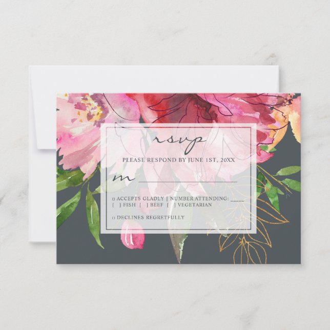 Cartão RSVP Casamento Floral de Ruby Pink Peony (Frente)