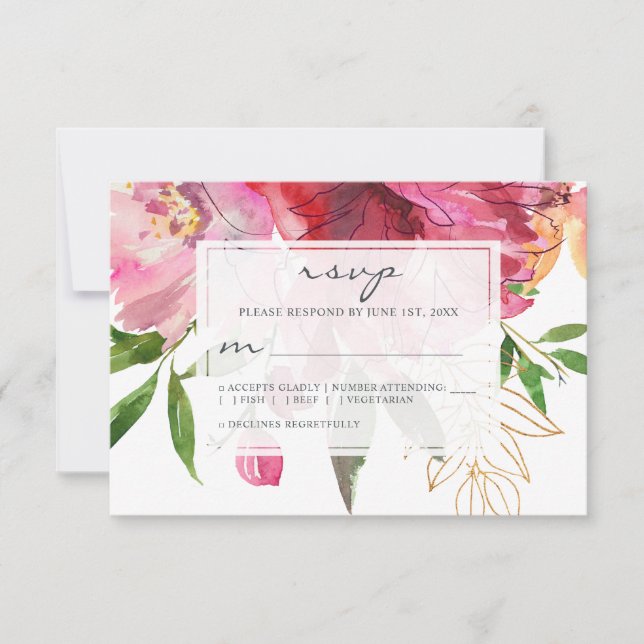 Cartão RSVP Casamento Floral de Ruby Pink Peony (Frente)