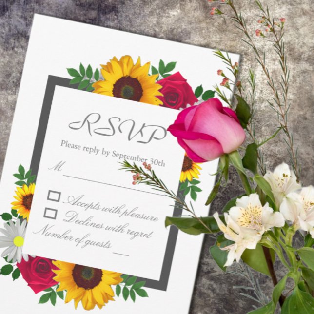 Cartão RSVP Casamento Floral de Sunflower Rosa Daisy Autumn (Criador carregado)
