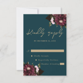 Cartão RSVP Casamento Floral de Teal Burgundy Escuro Elegante