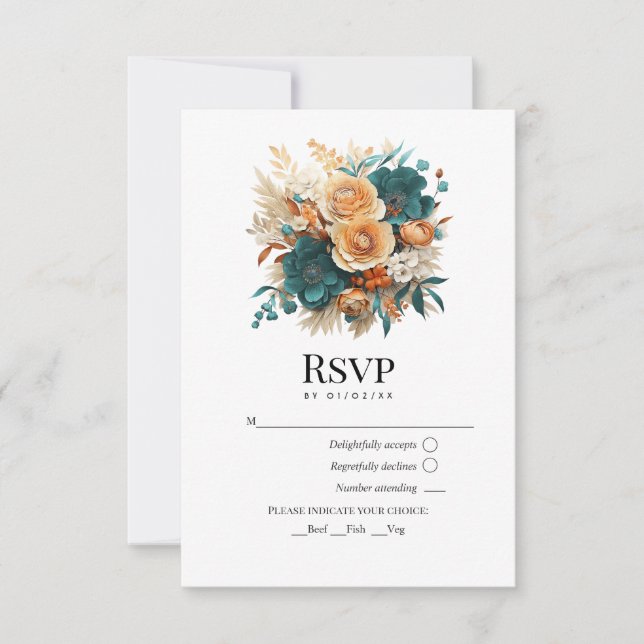 Cartão RSVP Casamento Floral de Teal, Laranja Queimado e Champ (Frente)