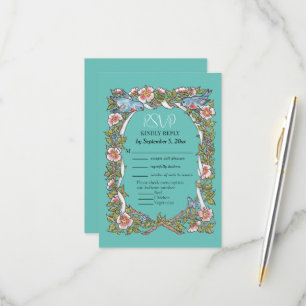 Cartão RSVP Casamento Floral de Teal Wildflower Rosa Border