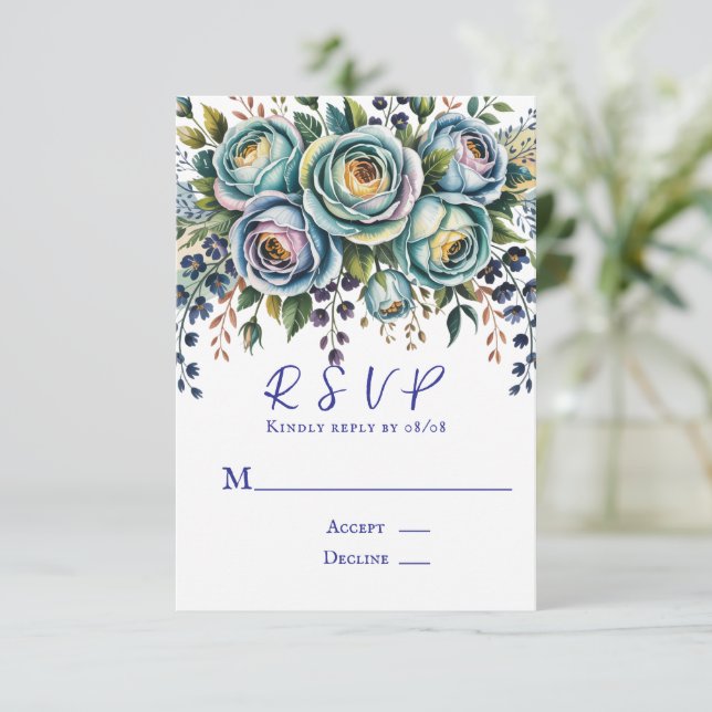Cartão RSVP Casamento Floral de Turquesa Azul Elegante (Em pé/Frente)