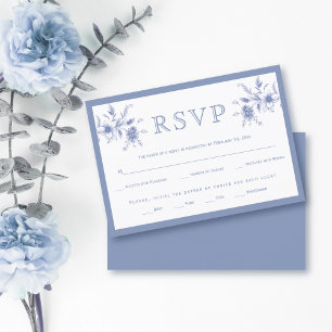 Cartão RSVP Casamento floral de vintage azul elegante