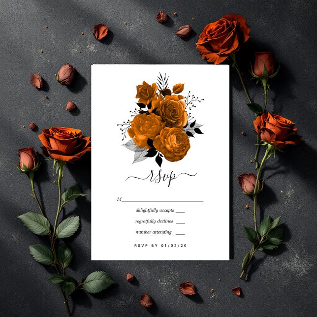 Cartão RSVP Casamento Floral do Dia Negro e do Dia das Bruxas  (Vintage Black and Orange Halloween Floral Wedding RSVP Card)