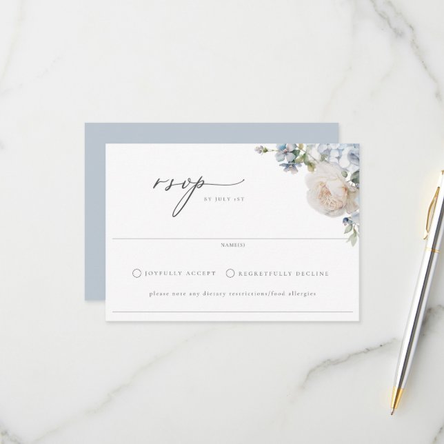 Cartão RSVP Casamento Floral do Jardim Azul Dusty (Frente/Verso In Situ)