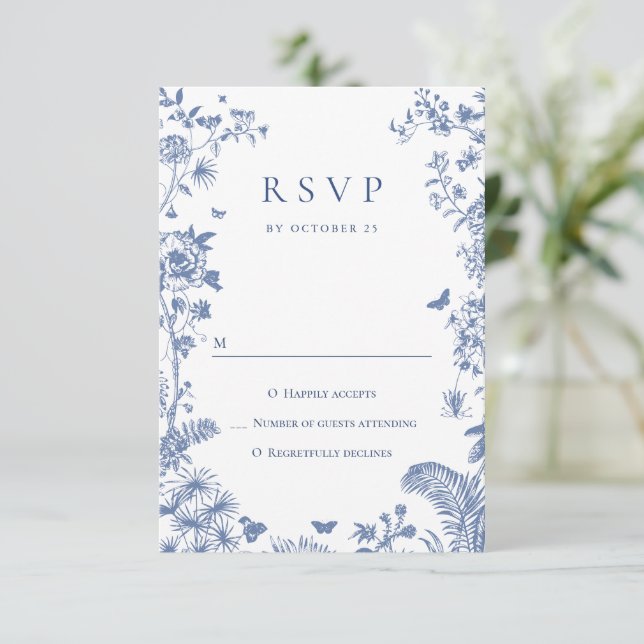 Cartão RSVP Casamento Floral do Jardim Francês Azul Elegante V (Em pé/Frente)