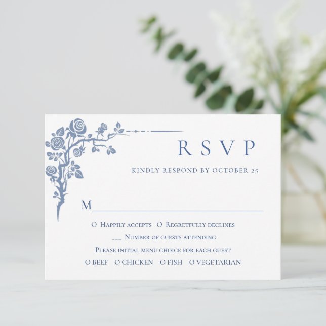Cartão RSVP Casamento Floral do Jardim Francês Azul Elegante V (Em pé/Frente)