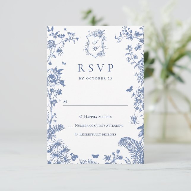 Cartão RSVP Casamento Floral do Jardim Francês Azul Elegante V (Em pé/Frente)