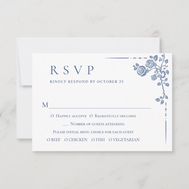 Cartão RSVP Casamento Floral do Jardim Francês Azul Elegante V (Frente)