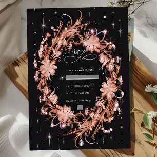 Cartão RSVP Casamento Floral do Ornamentado Negro Delicado